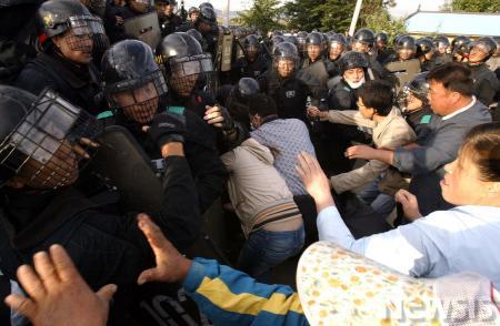 ↑강제철거가 시작되자 대추리 주민들이 경찰병력과 몸싸움을 벌이고 있다.