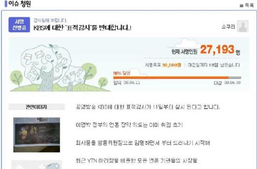 ↑포털사이트 다음 아고라에서 진행중인 KBS 감사반대 청원 서명운동