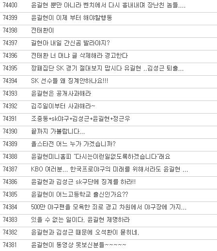 ↑ KBO홈페이지 게시판에 올라온 윤길현 선수의 징계를 요구하는 글들