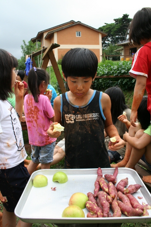 ↑ 19일 풀무원·여성환경연대가 공동주최한 '굿바이 아토피 캠프'에 참가한 한 <br>
어린이가 유기농으로 재배된 사과와 고구마를 맛있게 먹고 있다. ⓒ여성환경연대
