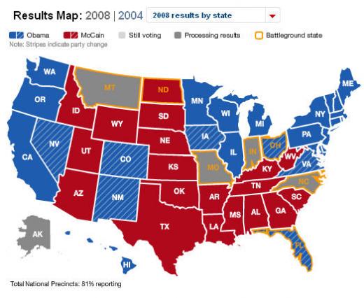 오바마 우세지역(파란색)과 매케인 우세지역(붉은색), 회색은 경합지역(출처=CNN)