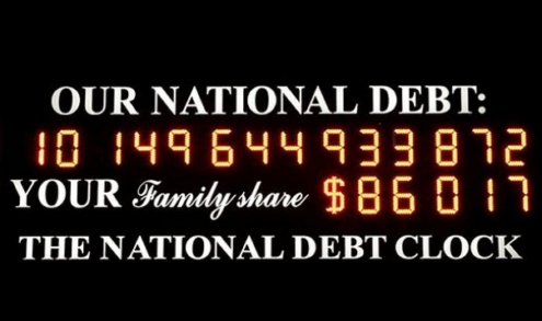 ↑ 뉴욕 맨해튼 타임스퀘어에 설치돼 있는 '국가부채 시계(National debt clock)'. 지난해 10월 1조달러가 넘어간 직후의 모습. 맨앞의 1자는 원래 $가 표시돼 있던 칸이다.