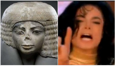 ↑마이클 잭슨과 닮은 흉상이 있어 화제다. 오른쪽은 마이클 잭슨이 생전 이집트 인으로 출연한 'Remember The Time(1993)'의 한장면.