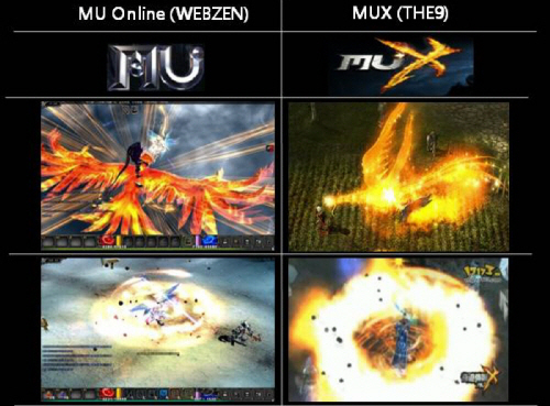 ↑ 웹젠의 '뮤'(좌)와 중국 더나인의 '뮤X'. 더나인은 웹젠과의 협의 없이 게임 내 캐릭터와 배경음악 등을 무단으로 사용해 물의를 일으켰다.