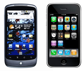 ↑ 구글폰 '넥서스원'(왼쪽)과 '아이폰'