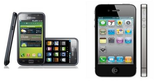 ↑ 8일 한국에서 공개된 '갤럭시S'(왼쪽)와 미국에서 공개된 '아이폰4' 