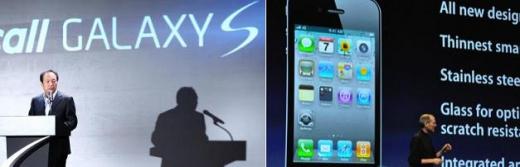 ↑ '갤럭시S'를 소개하는 신종균 삼성전자 사장(왼쪽)과 '아이폰4'를 소개하는 스티브 잡스 애플 CEO. 