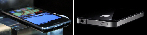 ↑ 삼성전자의 '갤럭시S'(왼쪽)와 애플의 '아이폰4' 두께는 '아이폰4'가 0.6mm 얇고, 무게는 '갤럭시S'가 19g 가볍다.