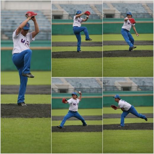 ↑제2회 머투 사회인 야구대회 참가하고 있는 비광 야구단의 인기 영화배우 박철민 감독의 투구모습.