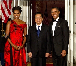 ▲후진타오 중국 주석(가운데)과 오바마 미 대통령 부부