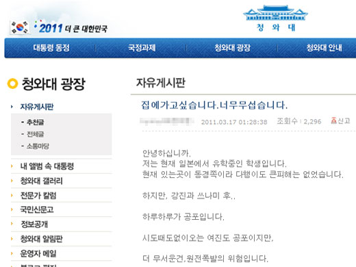 일본 유학생 정모씨가 17일 청와대 공식 홈페이지 자유게시판에 올린 귀국권고조치 요청글.