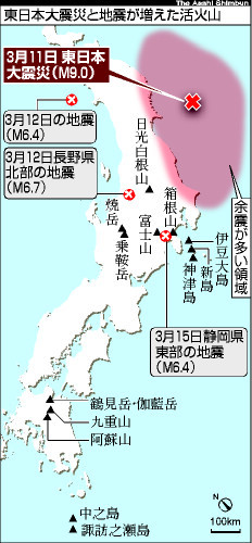 지난 11일 발생한 대지진(지도에서 붉은색 +표시 있는 곳)이 발생한 뒤 활발해지고 있는 13개 활화산 위치. ▲출처 아사히신문