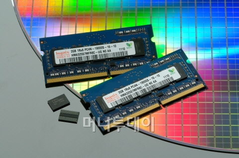 ↑2Gb 메모리용량 'DDR4'(왼쪽)와 이 제품을 적용해 만든 2GB 용량 메모리모듈