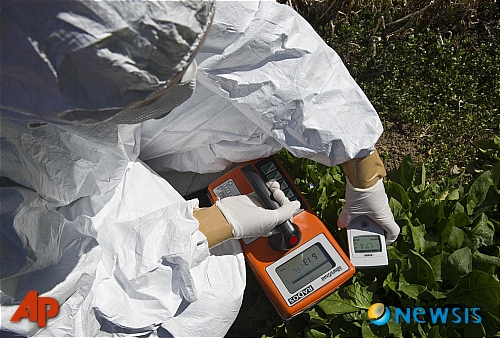 한 그린피스 방사능 전문가가 지난 6일 일본 후쿠시마현 후쿠시마의 한 농경지에서 농작물의 방사능 오염 측정을 하고 있다. 