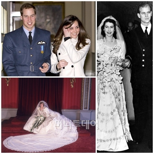 (왼쪽 위부터 시계방향으로) 윌리엄 왕자와 케이트 미들턴, 엘리자베스 2세와 필립 공의 결혼식, 故 다이애나비의 웨딩드레스 (사진 온미디어)
