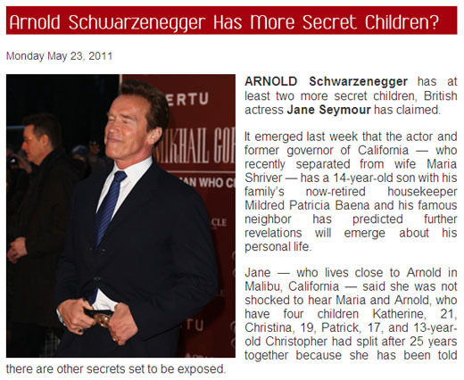 영국 연예 매체 쇼비즈스파이가 23일(이하 현지시간) 슈워제네거의 숨겨진 자녀에 대해 보도했다. (사진=쇼비즈스파이 보도 캡처)