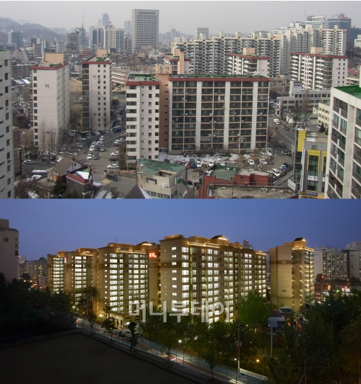 ↑28일 국토해양부가 '아파트 수직증축 리모델링 불허' 방침을 공식 발표하자 수도권 리모델링 추진 아파트 주민들의 불만이 커지고 있다. 사진은 서울 도곡 쌍용 예가 리모델링사업 전(위)과 후의 모습.