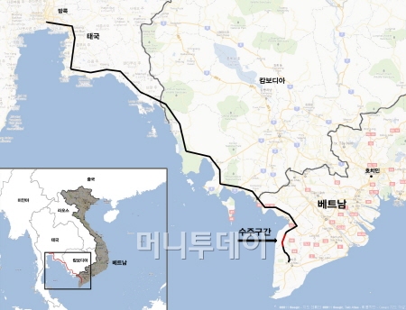 ↑'남부해안 연결도로 프로젝트' 위치도와 쌍용건설이 수주한 구간(빨간색).