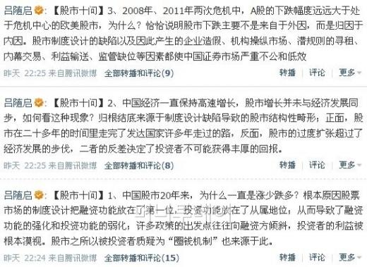 베이징대학교 뤼수이치(呂隨啓) 경제학대학원 금융학과 교수가 웨이보에 올린 '중국 증시에 대한 10가지 의문'의 일부. 웨이보에서 캡처. 