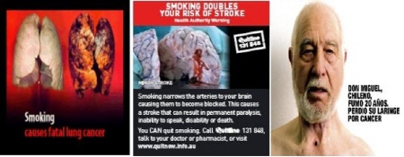 ↑ 외국의 담배 흡연경고 그림 사례. 왼쪽부터 영국, 호주, 칠레.