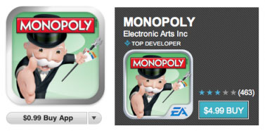 일렉트릭 아츠의 모노폴리 앱. 안드로이드 앱(오른쪽)은 4.99달러로 책정된 반면 아이폰 앱은 0.99달러로 책정돼 있다. (출처: 포춘)