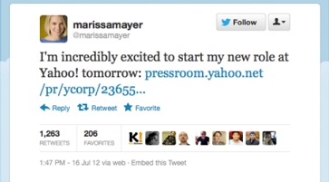 ↑ 16일 오후에 올라온 마리사 메이어의 트위터 글. "내일부터 야후에서 새로운 역할을 시작하게 된 것에 대해 믿을 수 없을 정도로 흥분된다"고 밝혔다. 