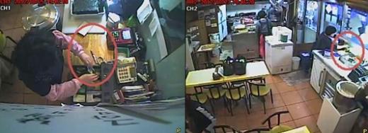 ▲ 신씨와 조씨가 각각 분식집 금고에서 현금을 훔치는 모습이 찍힌 CCTV
