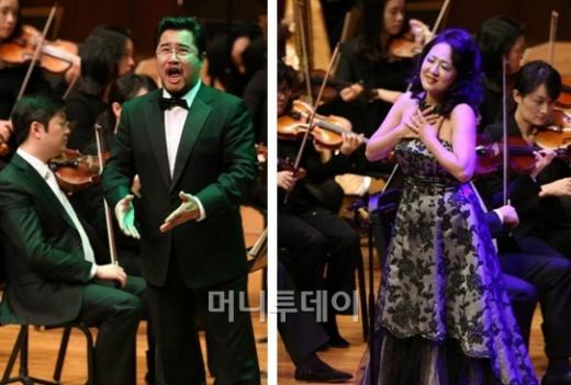 ↑2일 오후 서울 예술의전당에서 열린 '2012 머니투데이와 함께 하는 희망 사랑 나눔 콘서트'에서 소프라노 박정원(오른쪽), 테너 정의근이 청중들에게 오페라 아리아를 선사하고 있다. ⓒ이동훈 기자 photoguy@