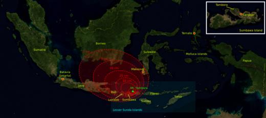 ▲탐보라산 화산 폭발로 바다 건너 보르네오까지 화산재가 1cm 이상 쌓였다. 수십 cm 화산재가 쌓인 자바 지역에서는 7만1000명 이상이 질식 등의 이유로 사망했다.