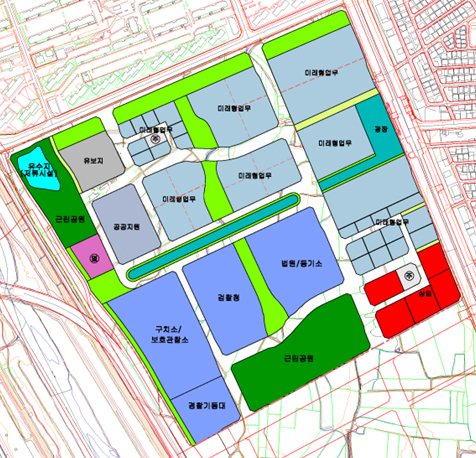 ↑서울시 송파구 문정도시개발사업구역 토지이용계획도. 이번에 공급되는 상업용지(붉은 색)는 계획도 우측 하단에 위치해있다. ⓒSH공사 제공