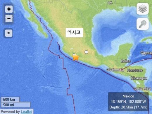 ↑ 지진이 발생한 멕시코 서남부의 미초아칸주(별표) 지역. ⓒUSGS