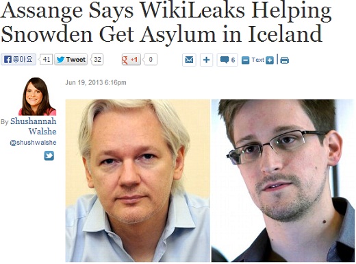 줄리안 어산지 위키리크스 설립자(왼쪽)가 스노든의 망명을 돕고 있다고 19일(현지시간) 런던에서 가진 전화 회담을 통해 밝혔다. /사진=abc뉴스 웹사이트 캡처