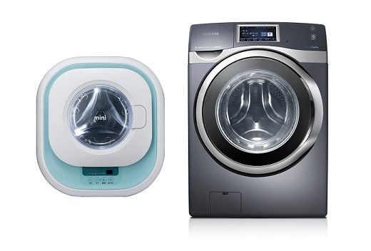 동부대우전자의 벽걸이형 드럼세탁기 '미니'(왼쪽)와 삼성전자 드럼세탁기 '버블샷3 W9000'. /사진 제공=동부대우전자·삼성전자