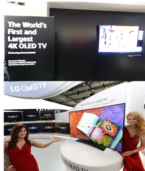 소니가 세계 최대라며 공개한 56형 UHD OLED TV(위)와  LG전자가 6일(현지시간) 깜짝 공개한 77형 커브드 UHD 올레드 TV. 