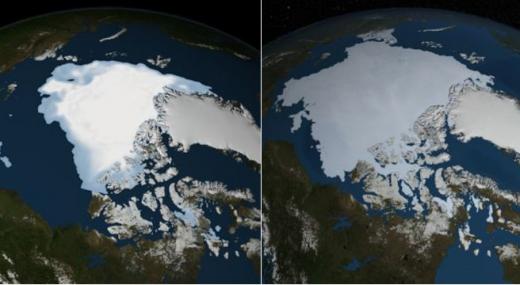 미 항공우주국(NASA)이 촬영한 북극의 얼음 변화 모습. 왼쪽이 2012년 8월, 오른쪽이 2013년 8월에 찍은 위성사진이다. /사진=폭스뉴스  