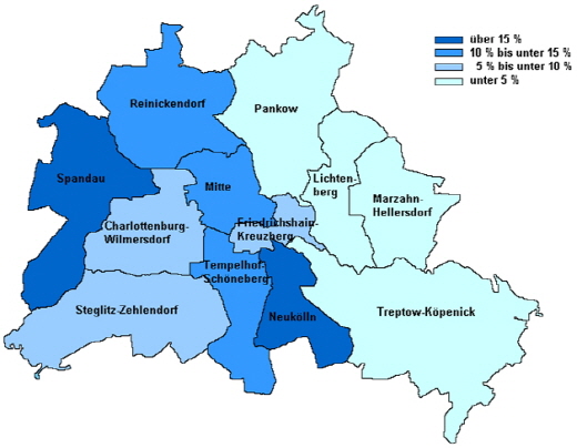 독일 베를린의 사회주택(임대주택) 비율. 짙은 파란색이 15% 이상, 파란색 10~15%, 하늘색 5~10%, 흰색 5% 이하 지역. 통일 전 서독 지역에 사회주택 비율이 높다./자료제공=베를린시청