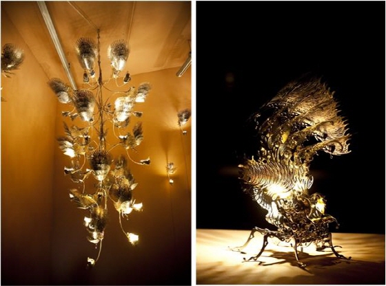 : Gorgonian Chandelier, 2013, Metalic material, machinery, electronic device, resin (CPU board, motor, LED), 200cm<br />
: Insecta Lamp, 2013, Metalic material, machinery, electronic device, magnet (CPU board, motor, LED), 15x15x29cm /=