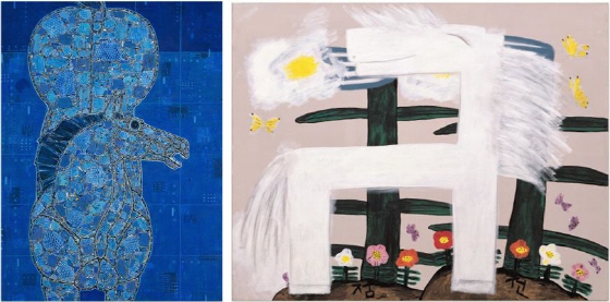 (왼쪽)장동문, '말-생성(Horse-Creation)', 캔버스에 혼합재료 아크릭, 130x97cm, 2008. (오른쪽)김점선 '좋은날', 실크스크린, 73x60cm /사진제공=롯데갤러리