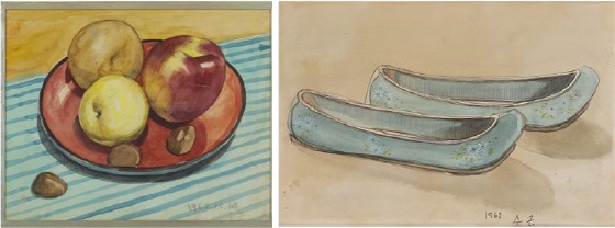 박수근 '과일쟁반', 1962, 수채화, 25x31cm (왼쪽). '청색 고무신', 1962, 수채화, 20.5x30.5cm /사진제공=가나아트
