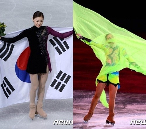 소치올림픽에서 아름다운 연기를 펼친 김연아(왼쪽)와 갈라쇼에서 이해할 수 없는 무대를 선보인 아델리나 소트니코바 /사진=news1<br>
<br>
