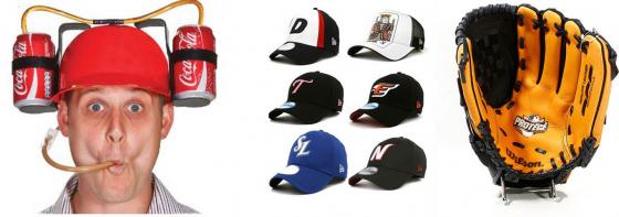 옥션에서 판매하는 이색 야구관련 용품. 왼쪽부터 '음료수 모자' 뉴에라 프로야구단 공식 모자, 어린이용 야구 '글로브' / 사진제공=옥션