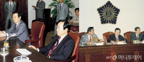 1990년 8월 김대중 당시 평화민주당 총재(오른쪽)와 김영삼 민주자유당 대표가 증권거래소를 잇따라 방문했다. /사진제공=금융투자협회.