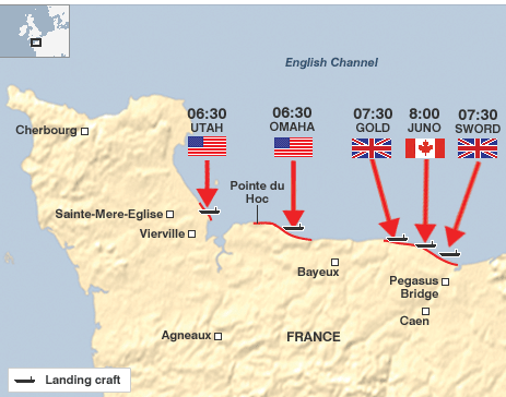 ↑ 노르망디 상륙작전 당시 5개로 나뉜 상륙 해안 지도