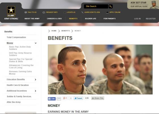 모병제를 운영 중인 미국의 육군 모집 사이트에서는 입대, 훈련 프로그램, 월급 등 직업 정보를 제공하고 있다./ 사진=미국 육군 모집 홈페이지 화면 캡처