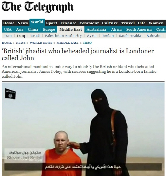 미국 기자 참수 영상 속 남자가 영국인 IS 대원 '존'이라고 전한 영국 매체 텔레그래프 보도 /사진=텔레그래프 홈페이지 캡처