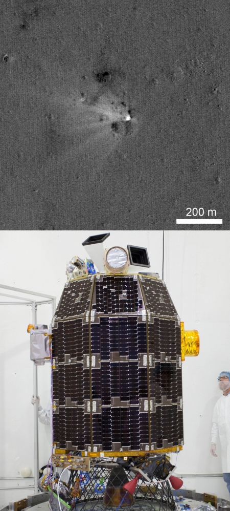 지난달 28일 나사가 공개한 라디의 충돌지점(위)과 달 탐사선 라디. /사진=미 항공우주국