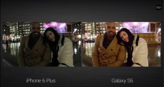 1일(현지시각) 스페인 바르셀로나에서 진행된 언팩 행사에서 공개된 아이폰6와 갤럭시 S6의 야간 사진 비교화면.