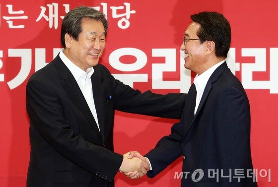  김무성 새누리당 대표(왼쪽)와현기환 청와대 정무수석비서관이 악수를 나누고 있는 모습. /사진= 뉴스1