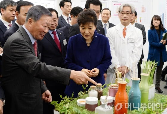 2월 충북창조경제혁신센터를 찾은 박근혜 대통령(사진 가운데)에게 혁신제품을 소개하고 있는 구본무 LG그룹 회장(왼쪽)/사진=머니투데이 자료사진