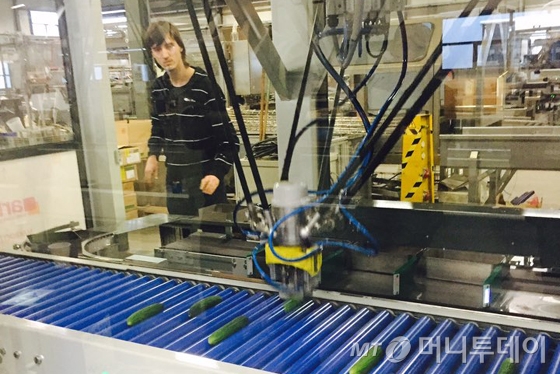 네덜란드 비스콘 그룹(Viscon Group) 본사 공장에서 직원이 상품 분류 자동화 기계를 시험하고 있다./사진=배영윤 기자